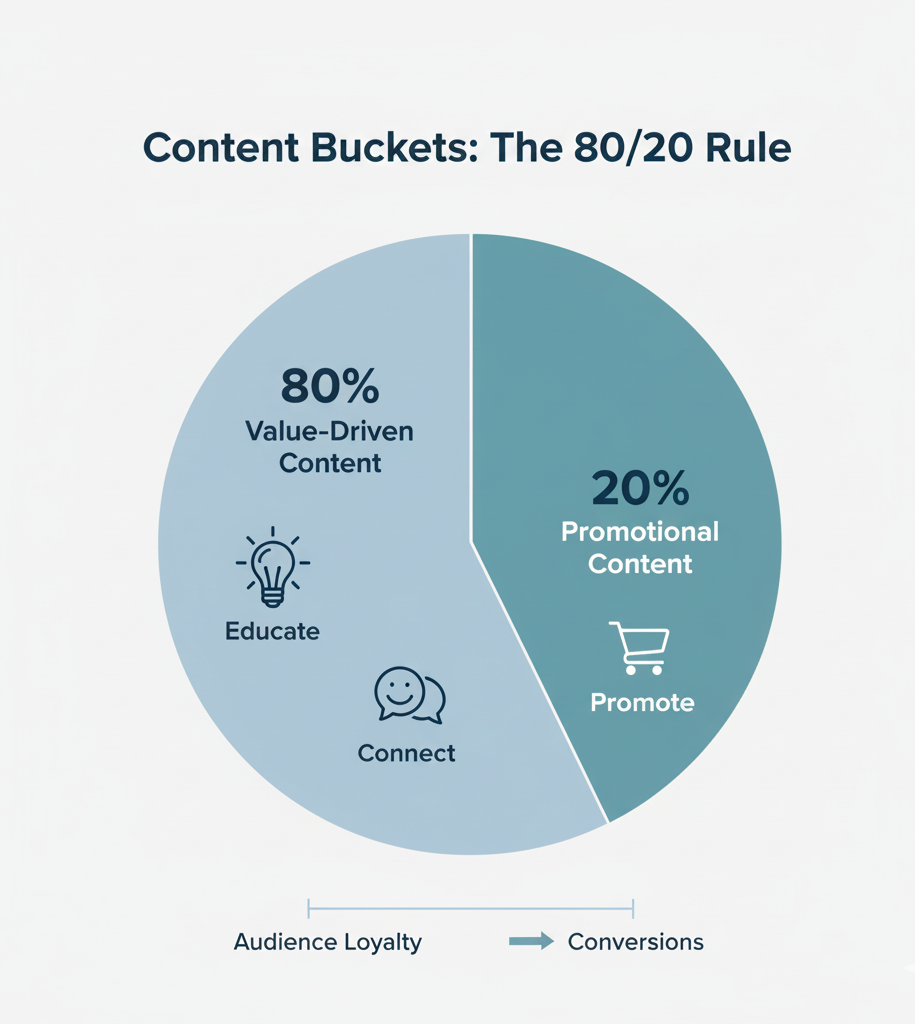 A pie chart illustrating the 80/20 content rule. The larger 80% segment, labeled "Value-Driven Content," includes icons for Educate (lightbulb) and Connect (speech bubble). The smaller 20% segment, labeled "Promotional Content," includes an icon for Promote (shopping cart). Below, a legend shows "Audience Loyalty" for value content and "Conversions" for promotional content.