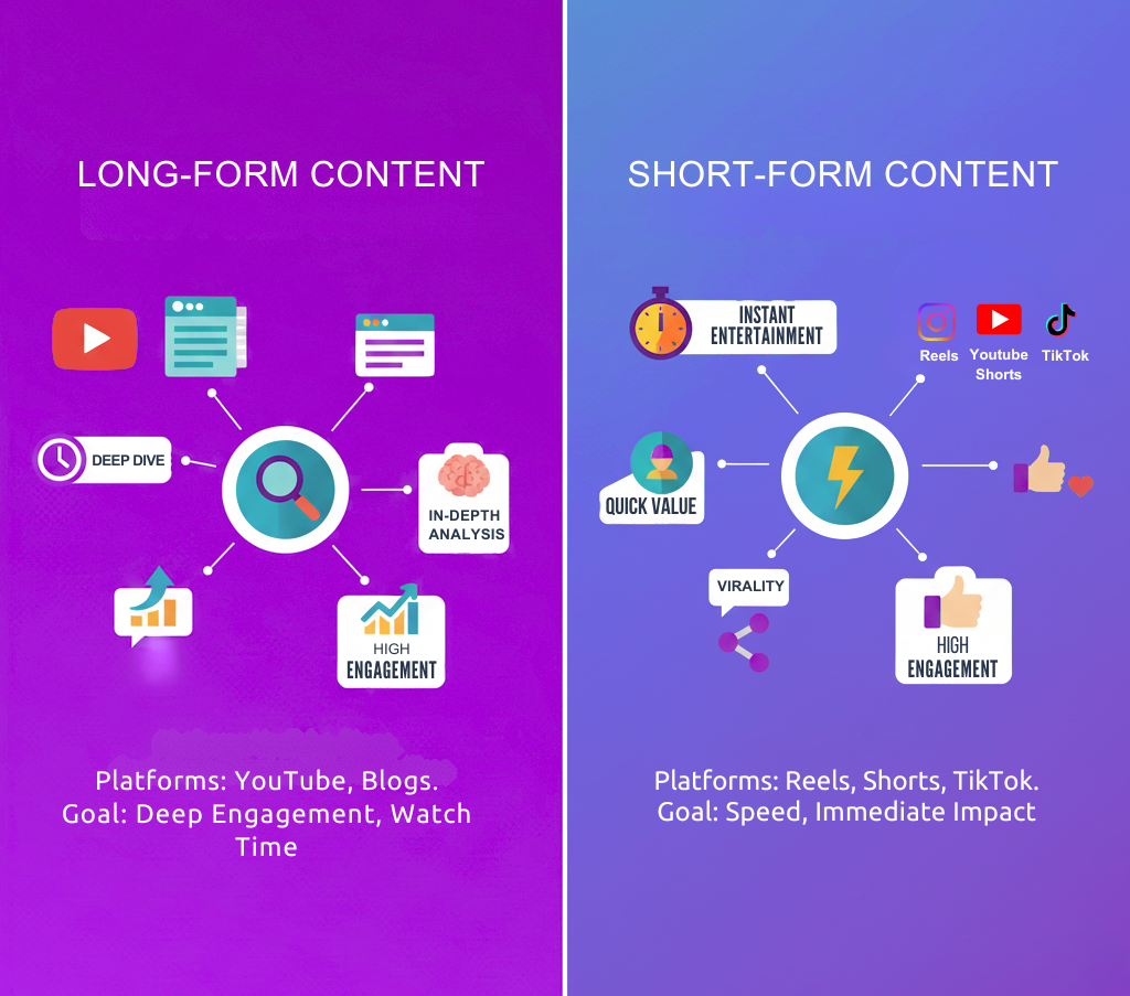 A graphic contrasting long-form and short-form content. The left side, 'Long-Form Content,' features icons for YouTube and blogs, with keywords like 'Deep Dive,' 'In-Depth Analysis,' and 'High Engagement,' indicating platforms for detailed content. The right side, 'Short-Form Content,' displays icons for TikTok, Reels, and YouTube Shorts, with keywords such as 'Instant Entertainment,' 'Quick Value,' and 'Virality,' representing platforms for rapid, engaging content.