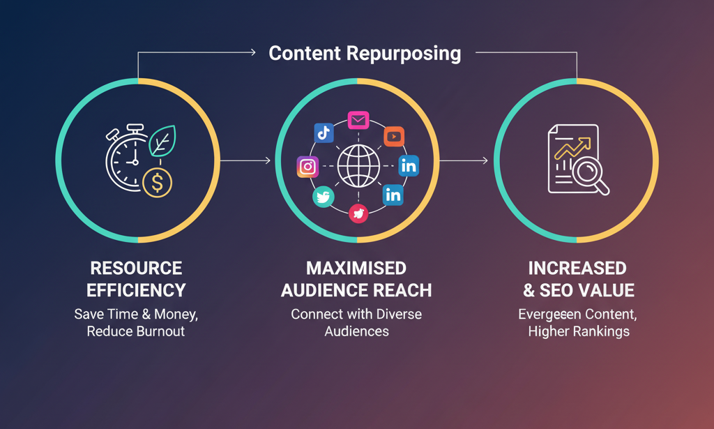 A graphic titled 'Why Content Repurposing Is Your Growth Accelerator,' highlighting three benefits: 'Resource Efficiency' (saving time/money), 'Maximised Audience Reach' (connecting with diverse audiences via social media), and 'Increased Longevity & SEO Value' (evergreen content, higher rankings).
