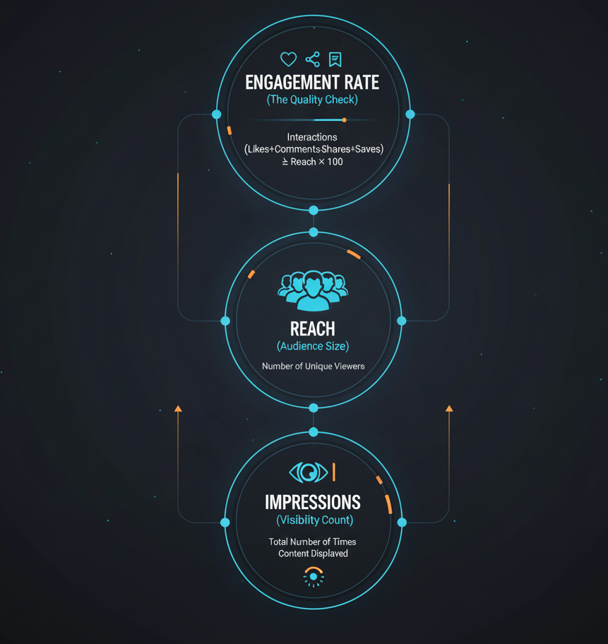 Infographic illustrating the three core social media performance metrics in three connected circles. The top circle is Engagement Rate, defined as 'Quality Check' and calculated as (Interactions ÷ Reach ×100). The middle circle is Reach, defined as 'Unique Viewers.' The bottom circle is Impressions, defined as 'Total Times Content Displayed.'
