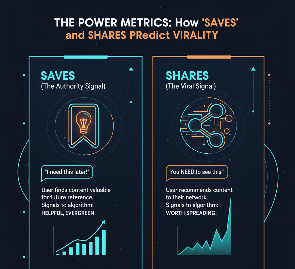 Comparative graphic highlighting the difference between Saves and Shares. The 'Saves' section features a bookmark icon and says, "Saves: The Authority Signal. The user finds content valuable for future reference." The 'Shares' section features a social share icon and says, "Shares: The Viral Signal. Users recommend content to their network." Both sections show upward trending data graphs.