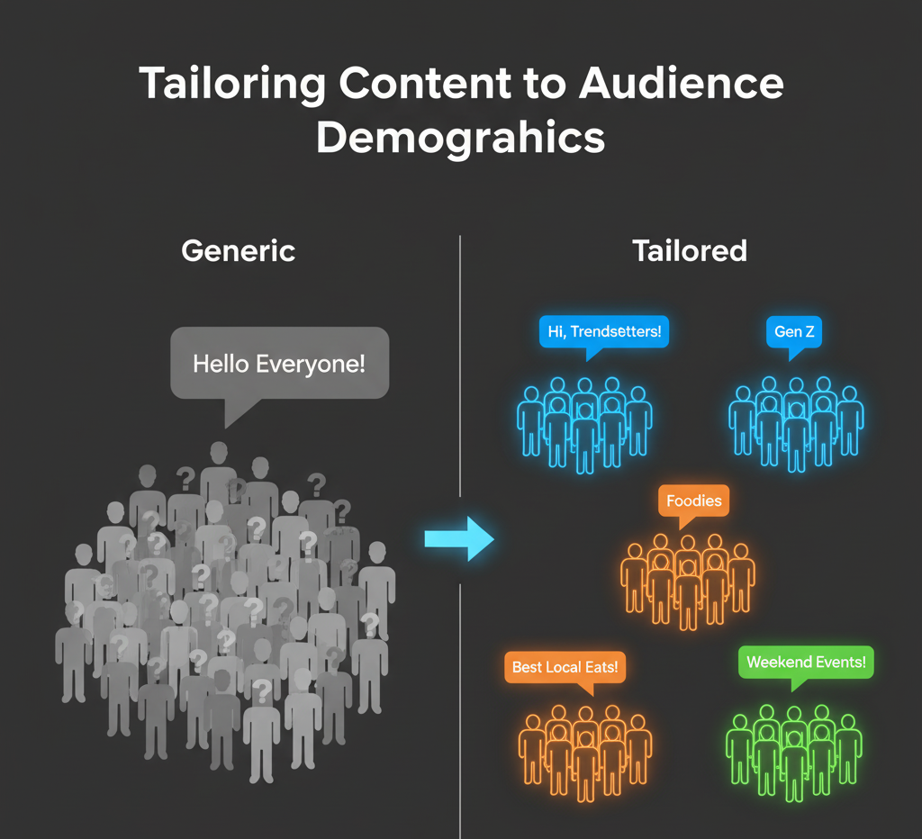 Infographic comparing generic content to tailored content based on audience demographics. On the left, a grey, undifferentiated crowd has a single, generic "Hello Everyone!" speech bubble. On the right, the crowd is segmented into vibrant blue, orange, and green groups (e.g., "Hi, Trendsetters!", "Foodies", "Gen Z"), each with a specific, tailored message, illustrating targeted content.