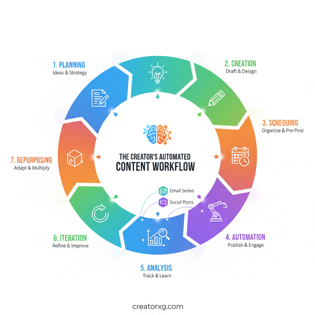 Circular diagram showing the 7 stages of an automated content strategy, from ideas through final analysis and iteration.